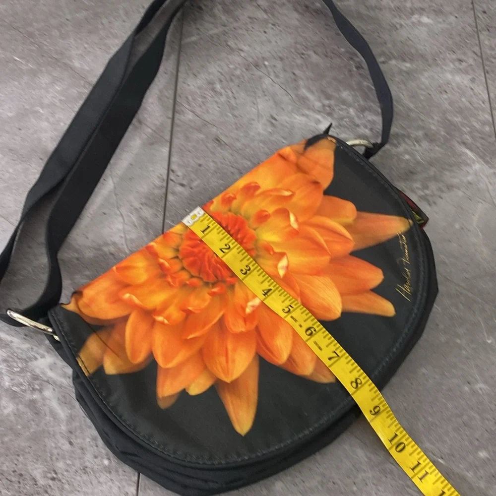 Harold Feinstein Purse Crossbody Bag‎ Black Nylon Orange Oversized Flower Artsy